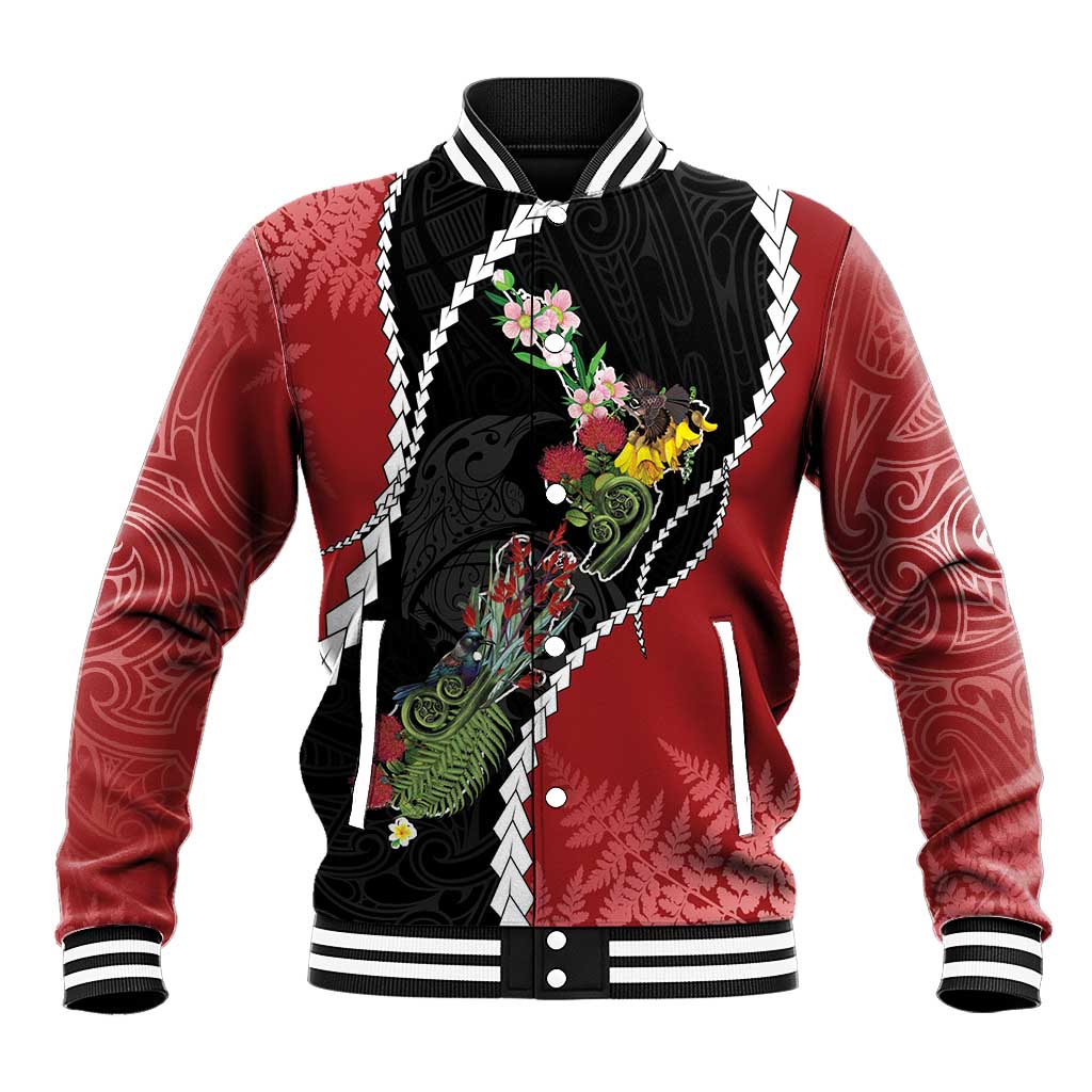 New Zealand Christmas Baseball Jacket Flora Map with Birds LT7 Unisex Black - Polynesian Pride