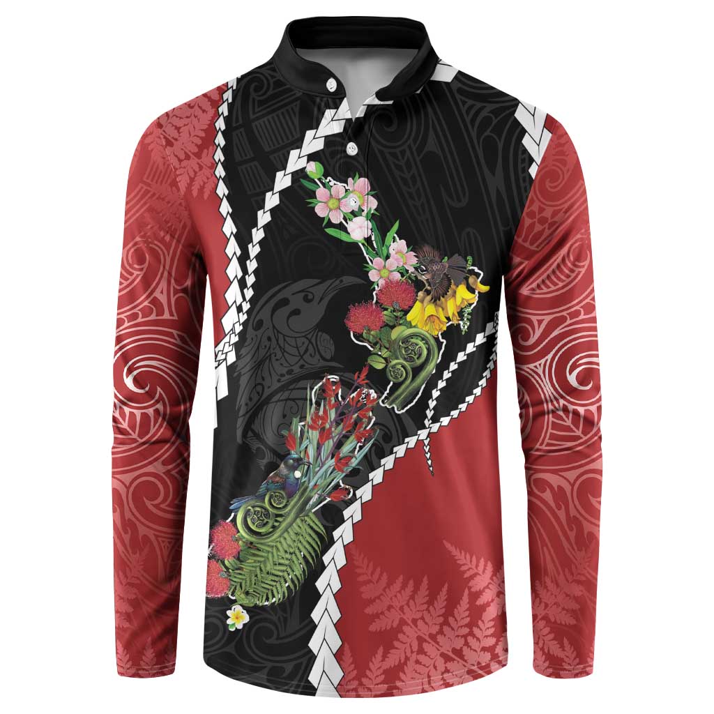 New Zealand Christmas Button Sweatshirt Flora Map with Birds LT7 Black - Polynesian Pride