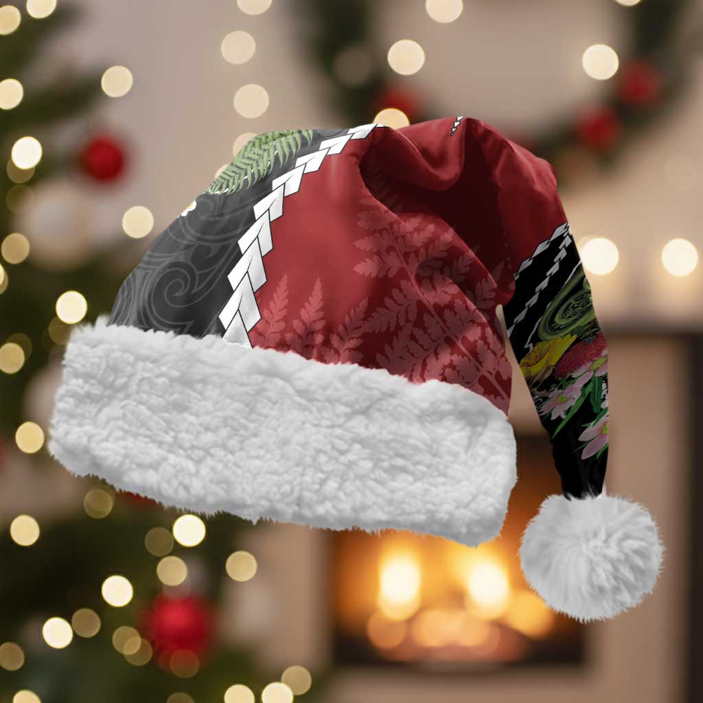 New Zealand Christmas Santa Hat Flora Map with Birds LT7 With Fur Black - Polynesian Pride