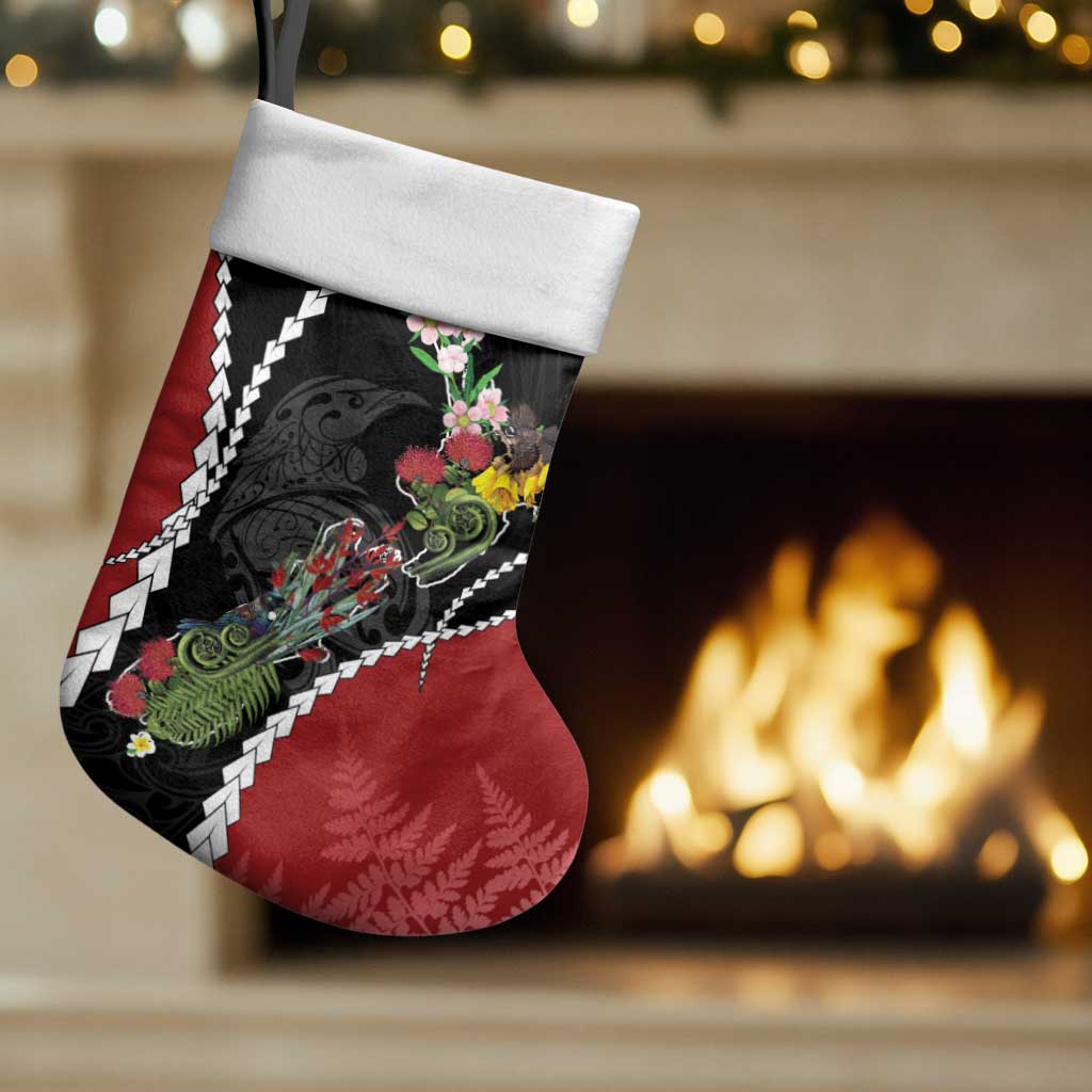 New Zealand Christmas Stocking Flora Map with Birds LT7 Set of 2 Black - Polynesian Pride