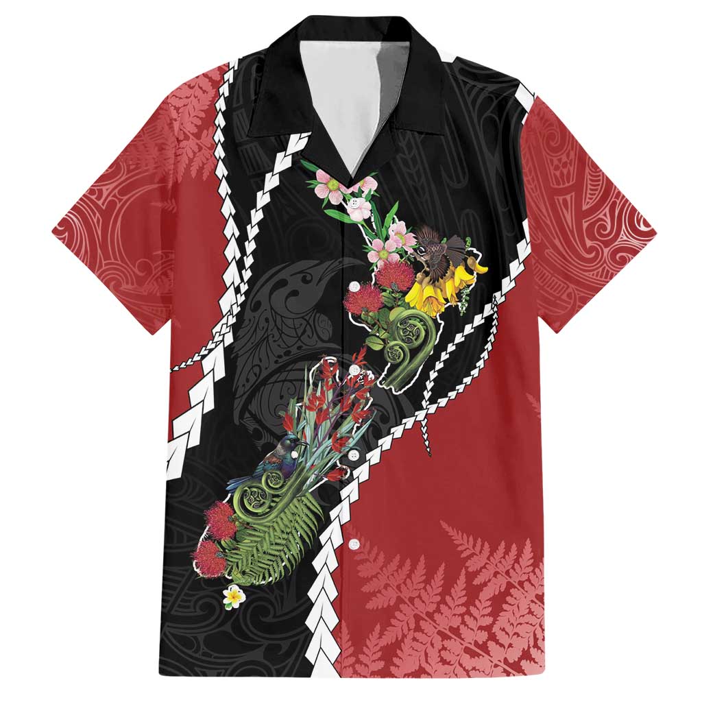 New Zealand Christmas Hawaiian Shirt Flora Map with Birds LT7 Black - Polynesian Pride