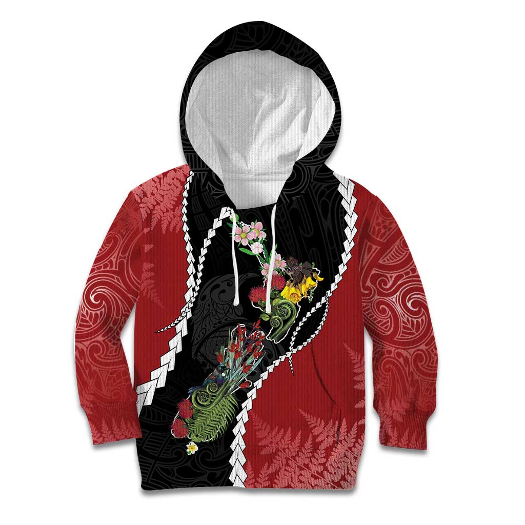 New Zealand Christmas Kid Hoodie Flora Map with Birds LT7 Hoodie Black - Polynesian Pride