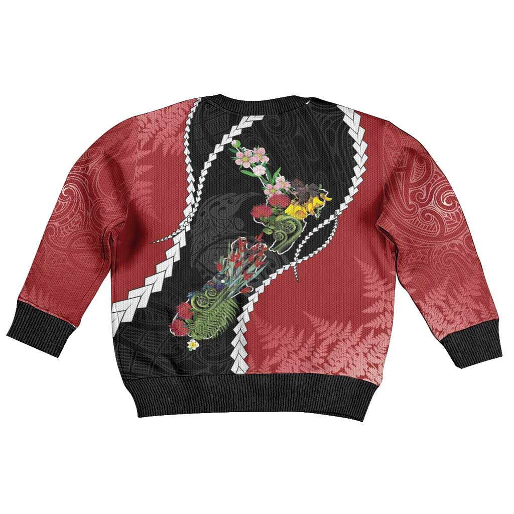New Zealand Christmas Kid Ugly Christmas Sweater Flora Map with Birds LT7 - Polynesian Pride
