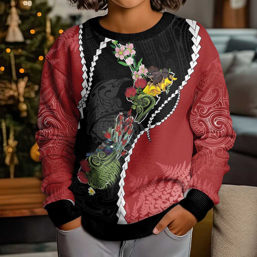 New Zealand Christmas Kid Ugly Christmas Sweater Flora Map with Birds LT7 - Polynesian Pride