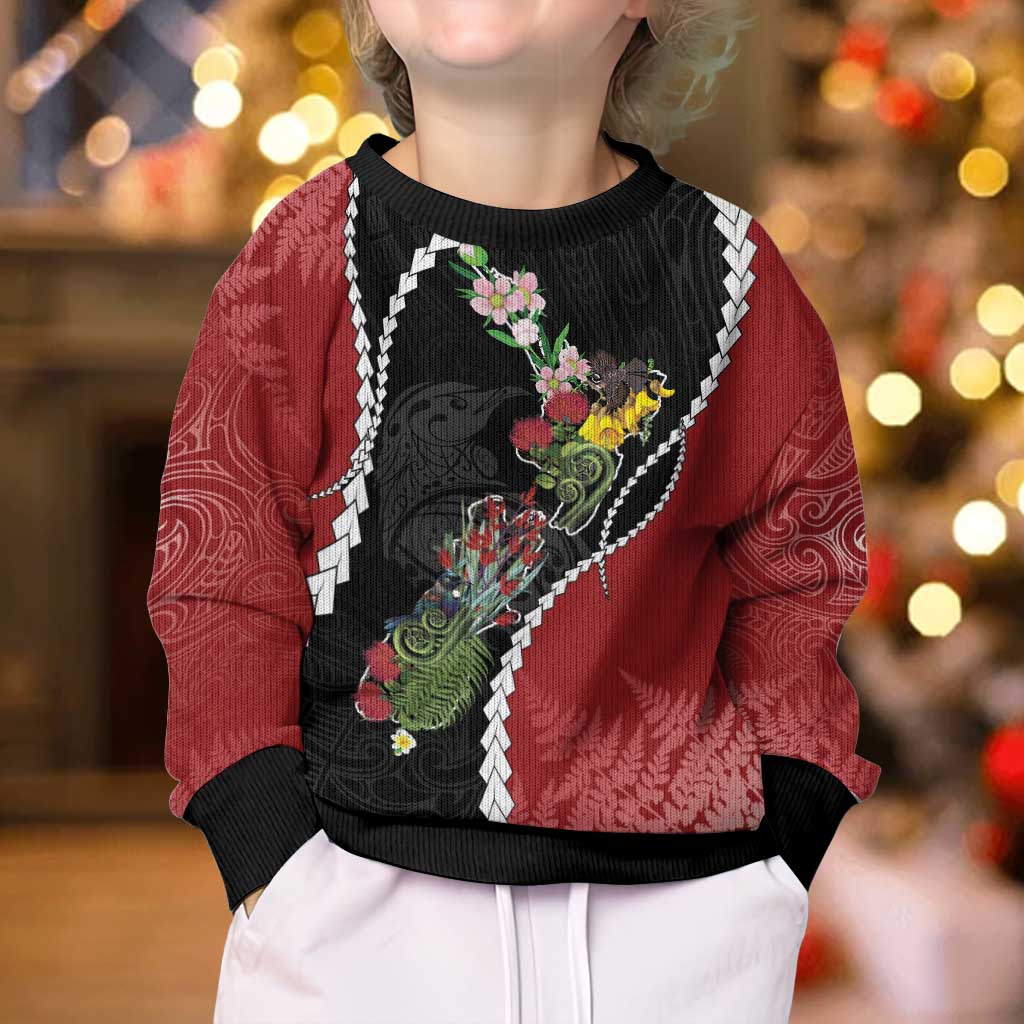 New Zealand Christmas Kid Ugly Christmas Sweater Flora Map with Birds LT7 - Polynesian Pride