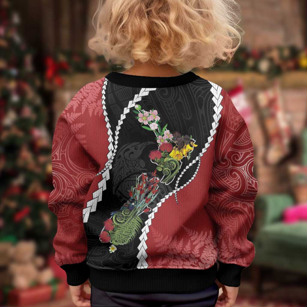 New Zealand Christmas Kid Ugly Christmas Sweater Flora Map with Birds LT7 - Polynesian Pride