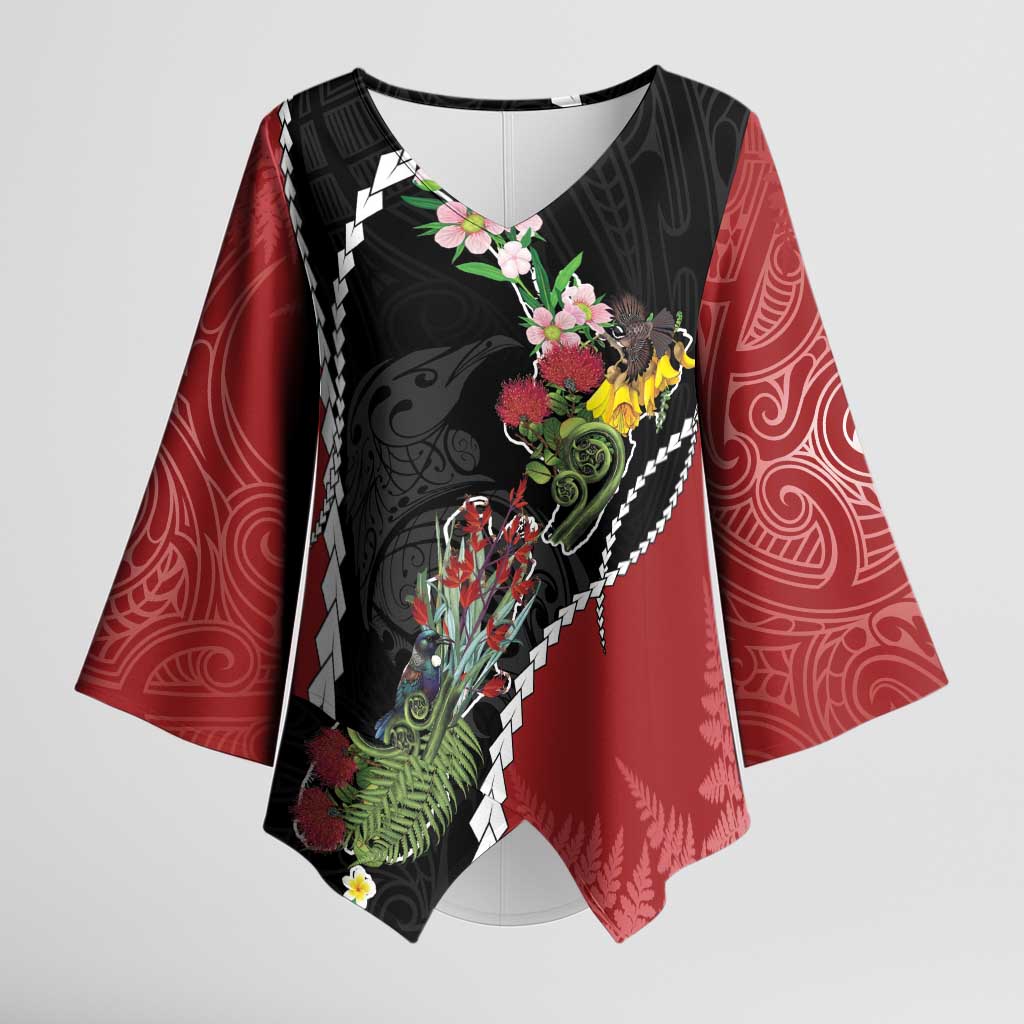New Zealand Christmas Kimono Sleeve Blouse Flora Map with Birds LT7 Female Black - Polynesian Pride