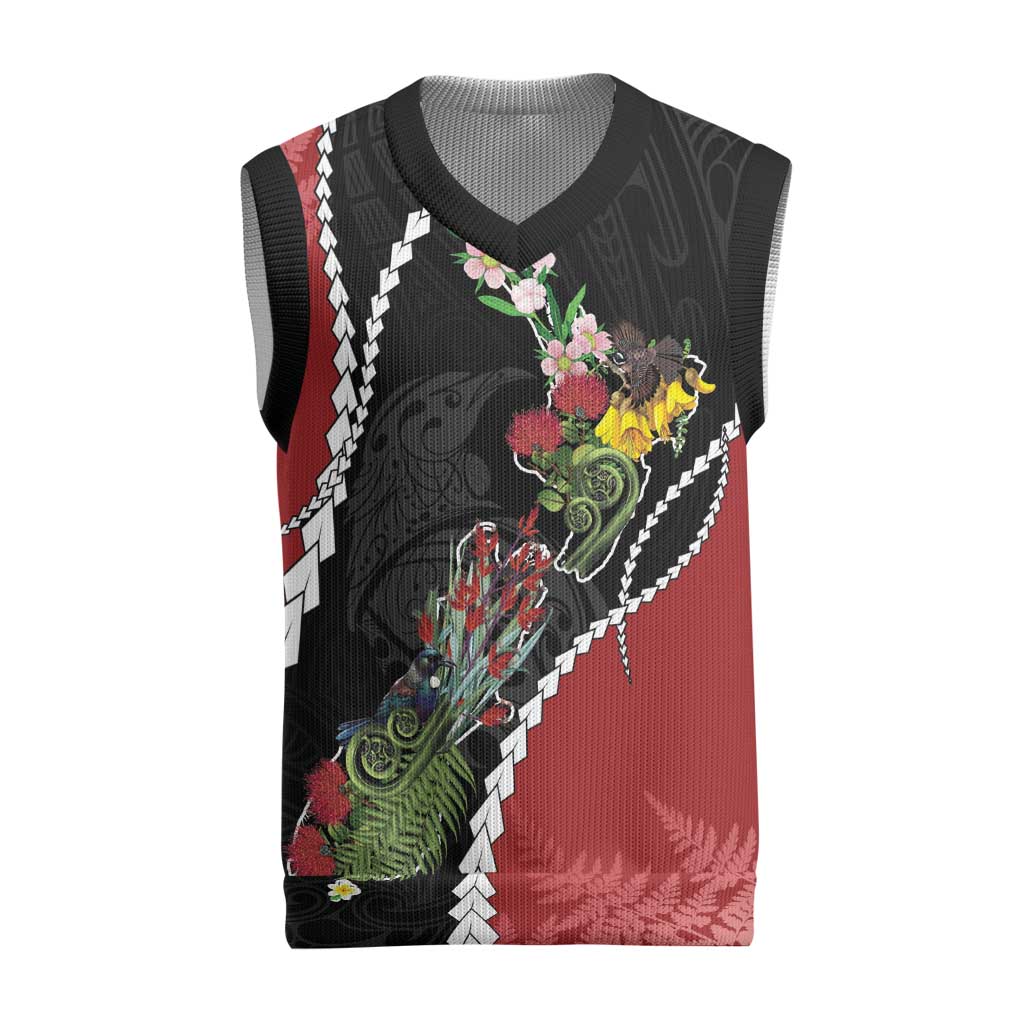 New Zealand Christmas Knitted V-Neck Vest Flora Map with Birds LT7 Black - Polynesian Pride
