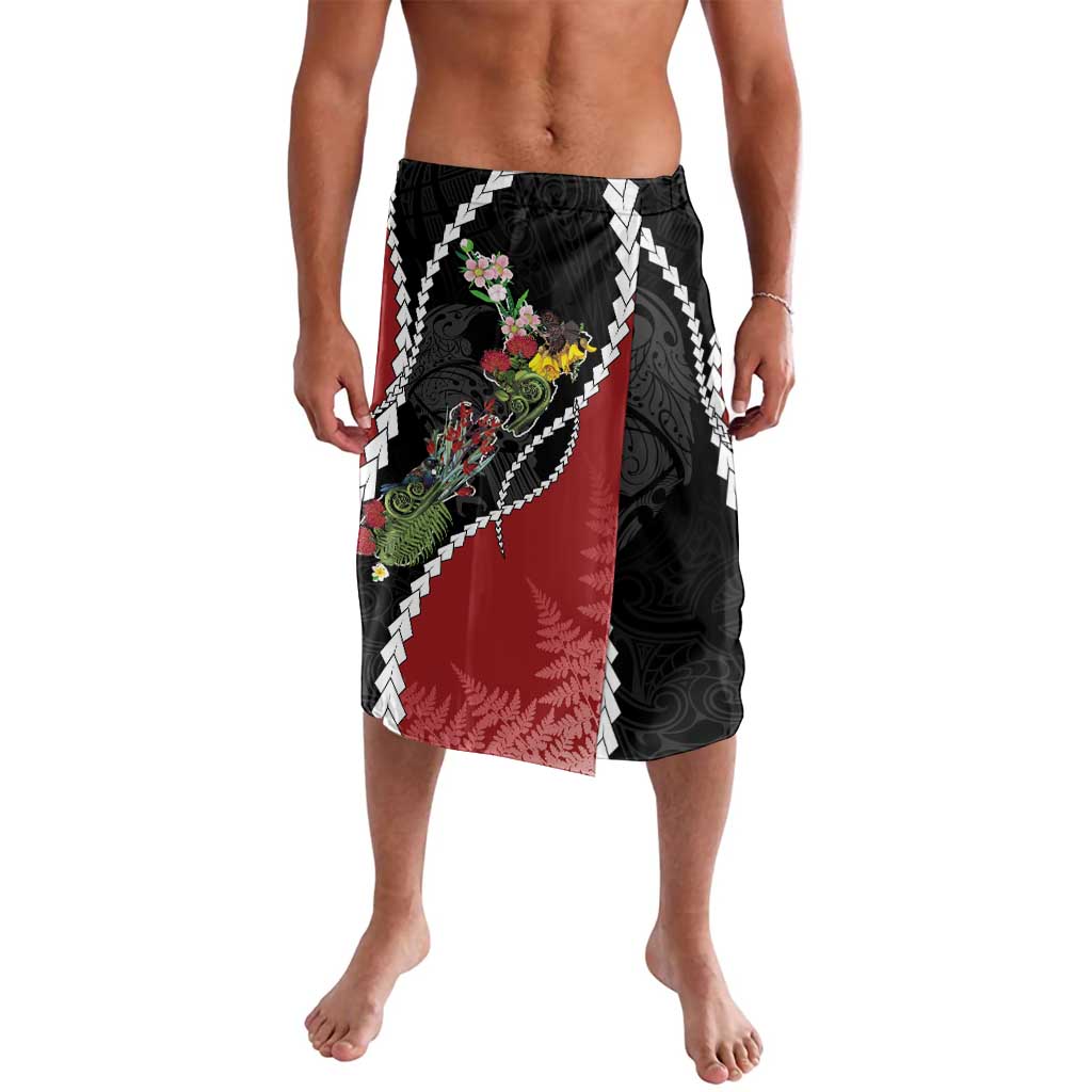 New Zealand Christmas Lavalava Flora Map with Birds LT7 Black - Polynesian Pride