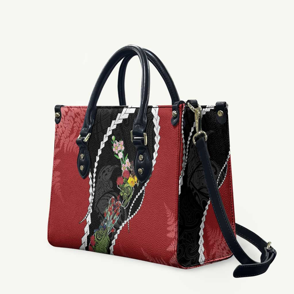 New Zealand Christmas Leather Bag Flora Map with Birds LT7 Black - Polynesian Pride