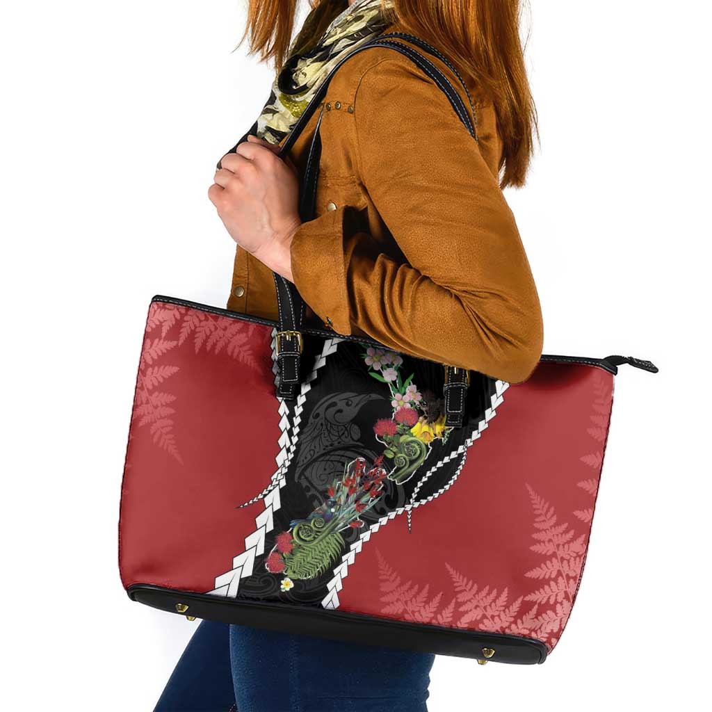 New Zealand Christmas Leather Tote Bag Flora Map with Birds LT7 Black - Polynesian Pride