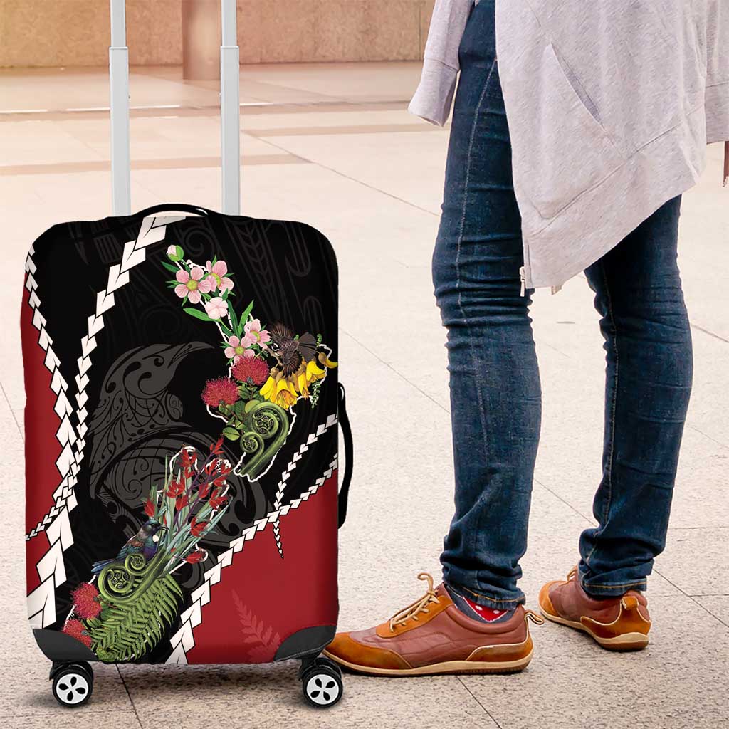 New Zealand Christmas Luggage Cover Flora Map with Birds LT7 Black - Polynesian Pride