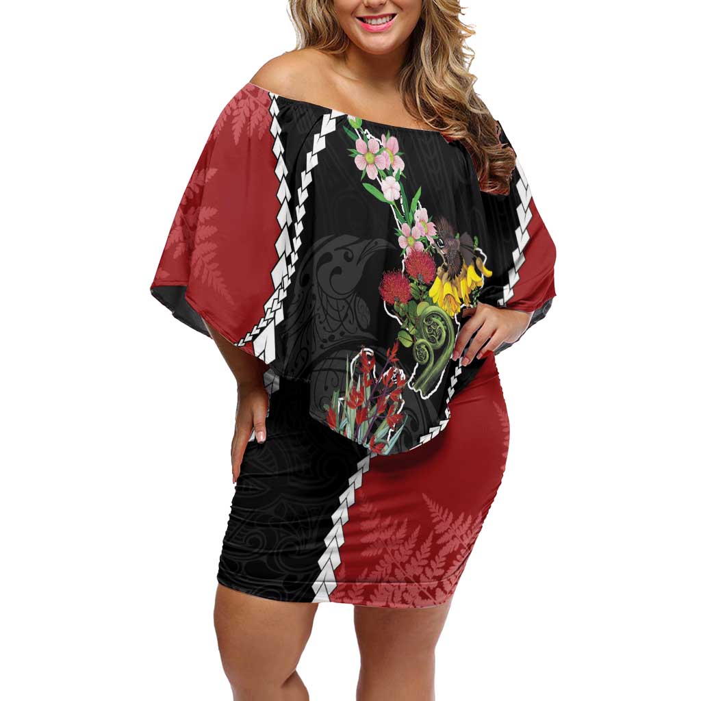 New Zealand Christmas Off Shoulder Short Dress Flora Map with Birds LT7 Women Black - Polynesian Pride