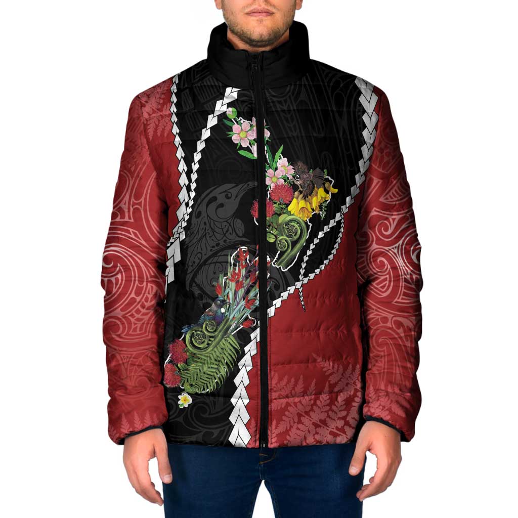 New Zealand Christmas Padded Jacket Flora Map with Birds LT7 Men Black - Polynesian Pride