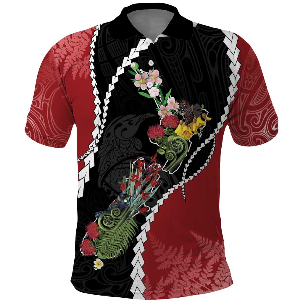 New Zealand Christmas Polo Shirt Flora Map with Birds LT7 Black - Polynesian Pride