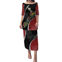 New Zealand Christmas Puletasi Flora Map with Birds LT7 Long Dress Black - Polynesian Pride