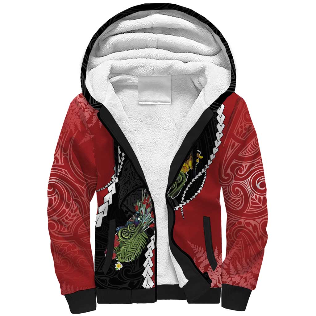 New Zealand Christmas Sherpa Hoodie Flora Map with Birds LT7 Unisex Black - Polynesian Pride