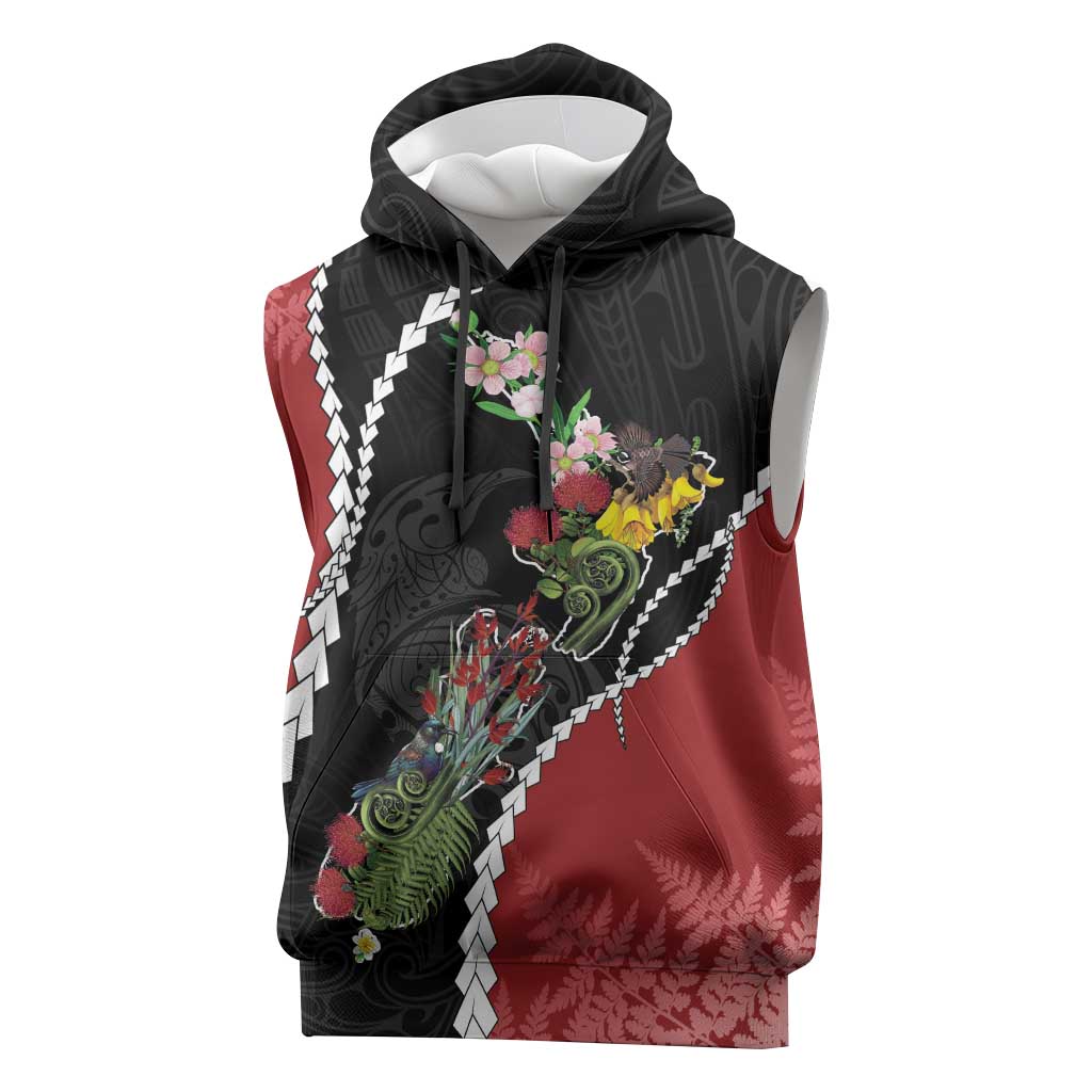 New Zealand Christmas Sleeveless Hoodie Flora Map with Birds LT7 Black - Polynesian Pride