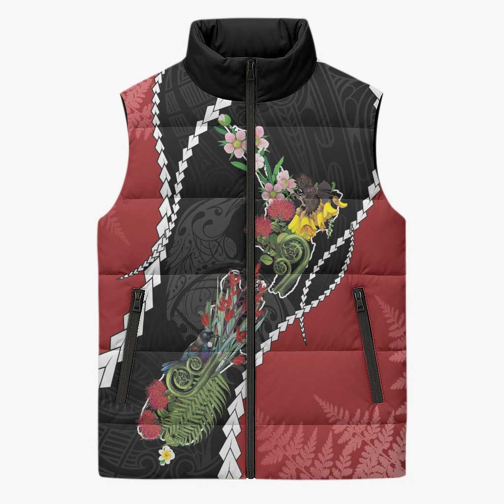 New Zealand Christmas Sleeveless Puffer Jacket Flora Map with Birds LT7 Unisex Black - Polynesian Pride