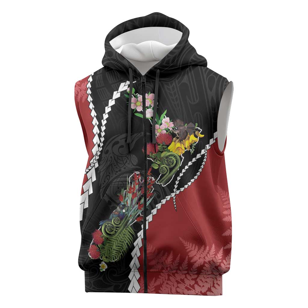 New Zealand Christmas Sleeveless Zip Hoodie Flora Map with Birds LT7 Black - Polynesian Pride