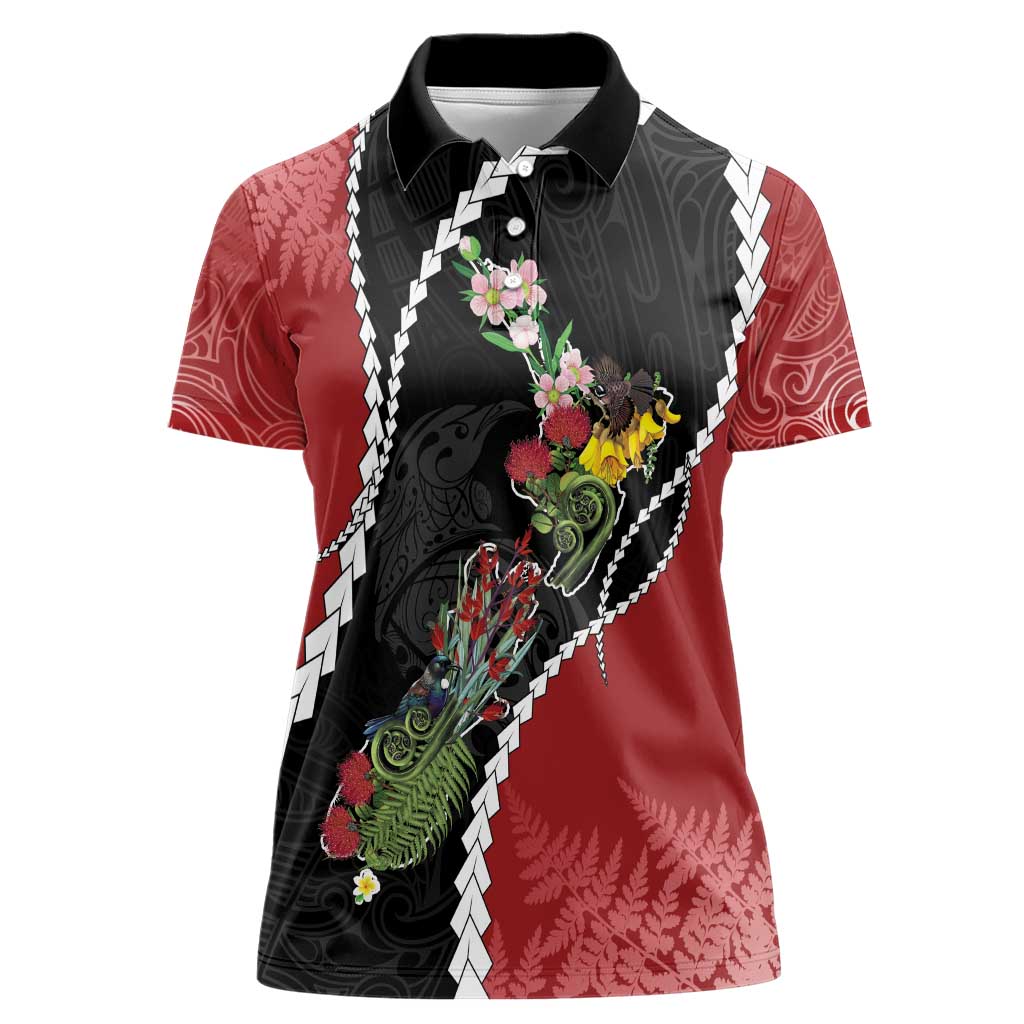 New Zealand Christmas Women Polo Shirt Flora Map with Birds LT7 Female Black - Polynesian Pride
