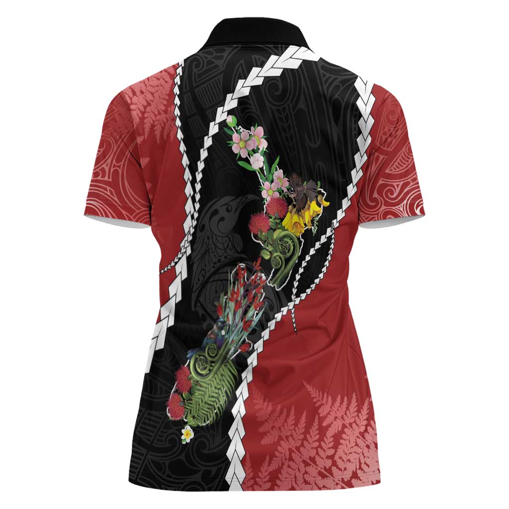 New Zealand Christmas Women Polo Shirt Flora Map with Birds LT7 - Polynesian Pride
