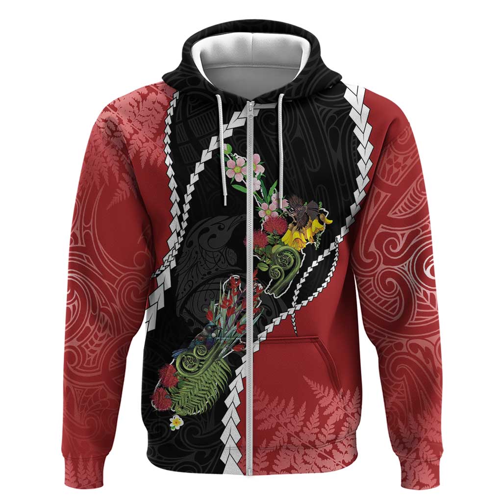 New Zealand Christmas Zip Hoodie Flora Map with Birds LT7 Zip Hoodie Black - Polynesian Pride