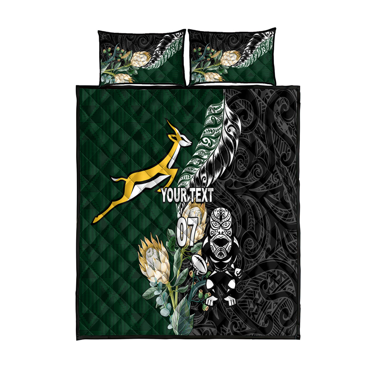 Custom South Africa Mix New Zealand Rugby 2023 Quilt Bed Set World Cup Greatest Rivalry LT7 Black Green - Polynesian Pride