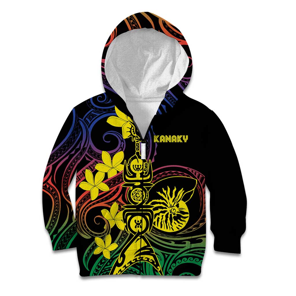 New Caledonia Kanaky Personalized Kid Hoodie Fleche Faitiere - Plumeria LT7 Zip Hoodie Colorful - Polynesian Pride