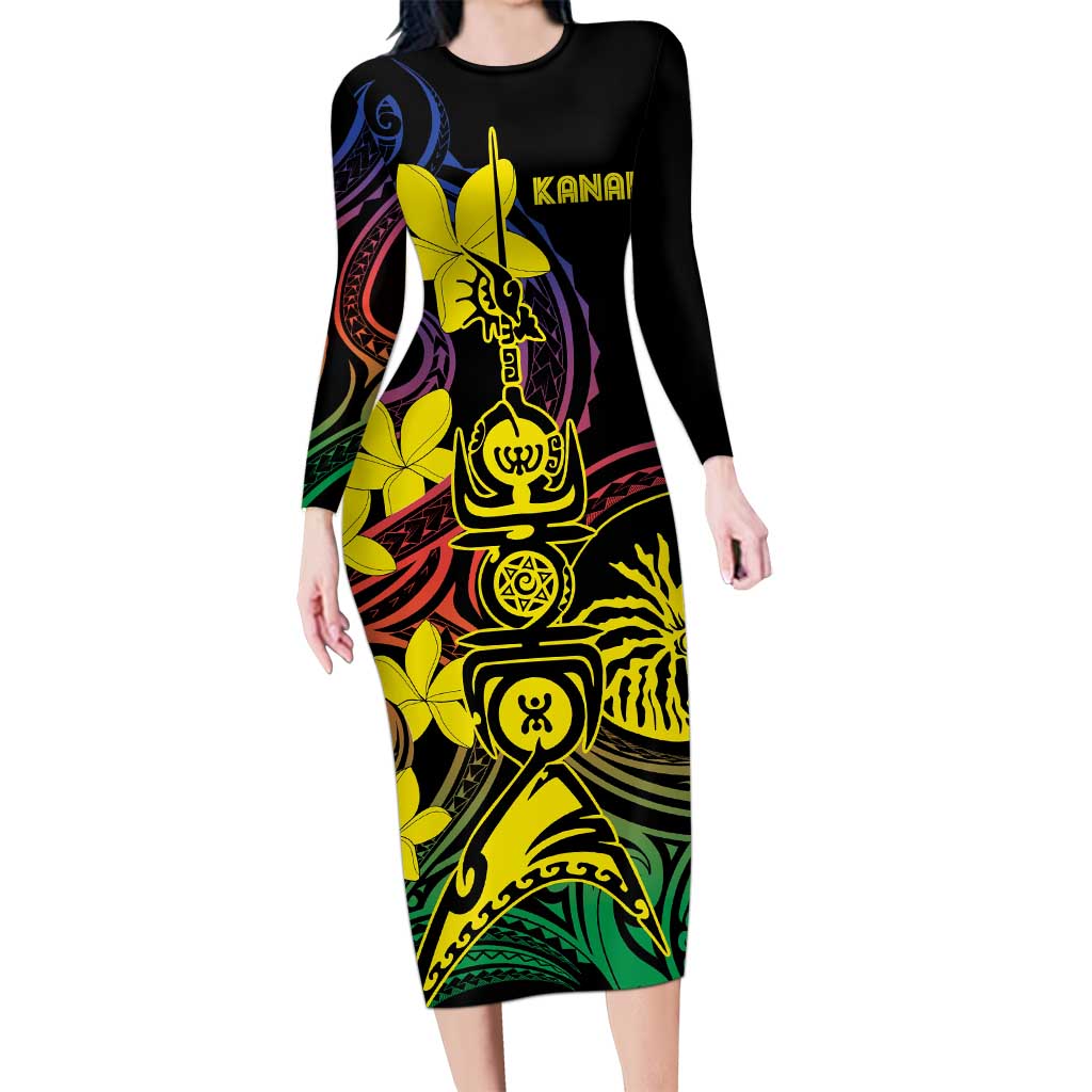 New Caledonia Kanaky Personalized Long Sleeve Bodycon Dress Fleche Faitiere - Plumeria LT7 Long Dress Colorful - Polynesian Pride