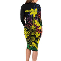 New Caledonia Kanaky Personalized Long Sleeve Bodycon Dress Fleche Faitiere - Plumeria LT7 - Polynesian Pride