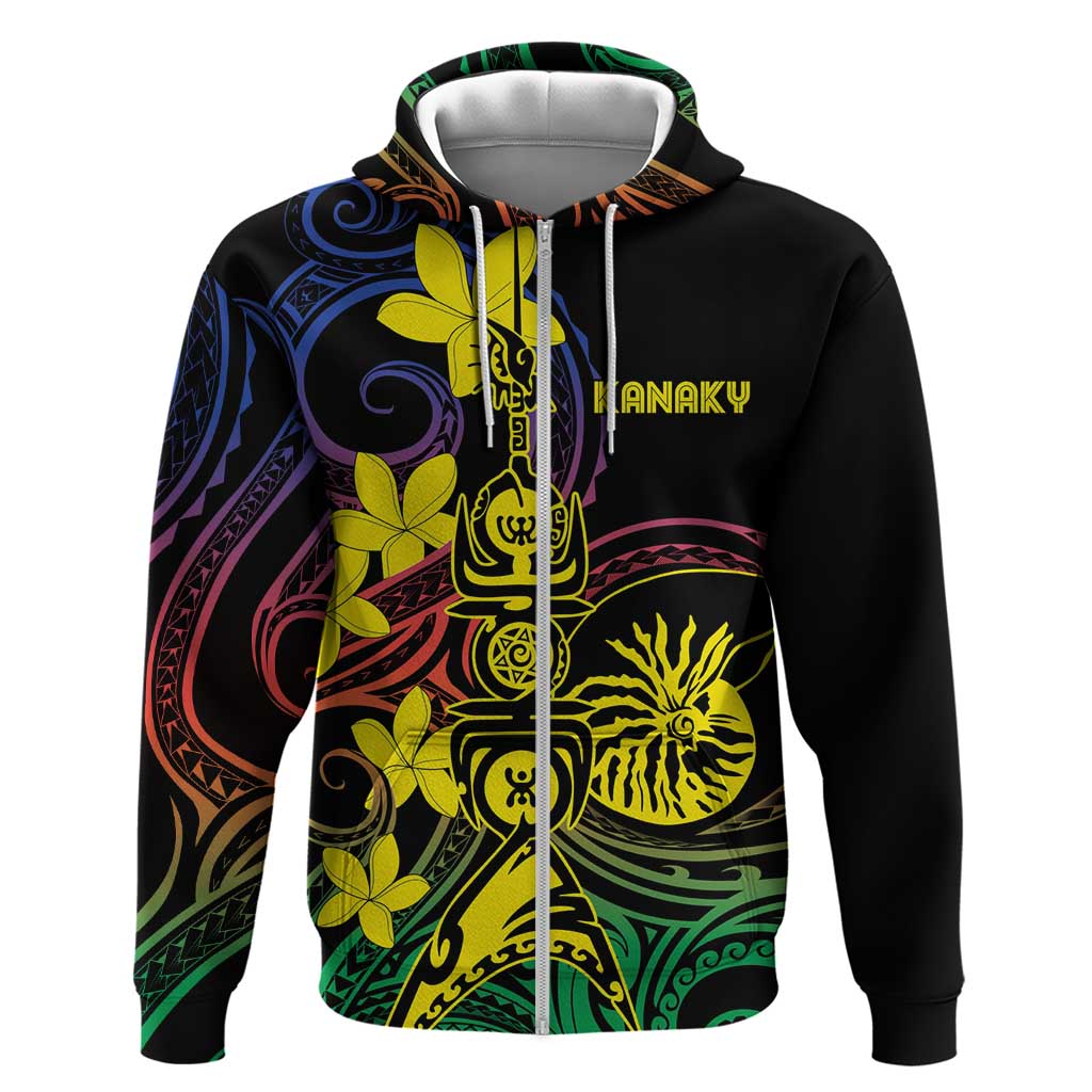 New Caledonia Kanaky Personalized Zip Hoodie Fleche Faitiere - Plumeria LT7 Zip Hoodie Colorful - Polynesian Pride