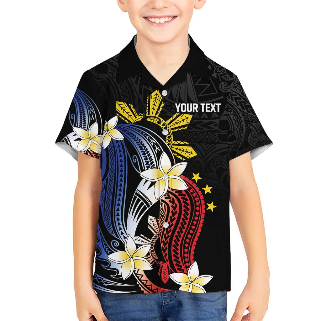 Personalized Philippines Tribal Kid Hawaiian Shirt Tropical Waves - Plumeria LT7 Kid Black - Polynesian Pride