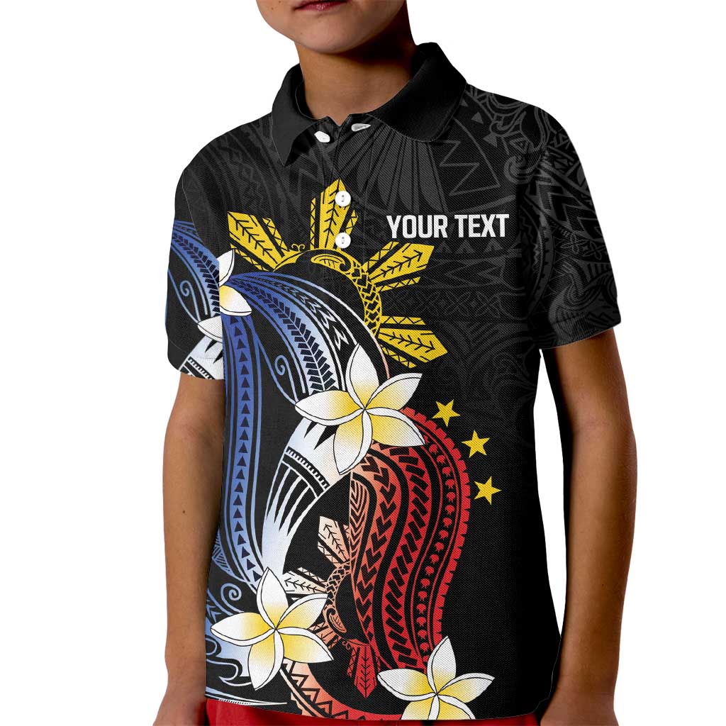 Personalized Philippines Tribal Kid Polo Shirt Tropical Waves - Plumeria LT7 Kid Black - Polynesian Pride