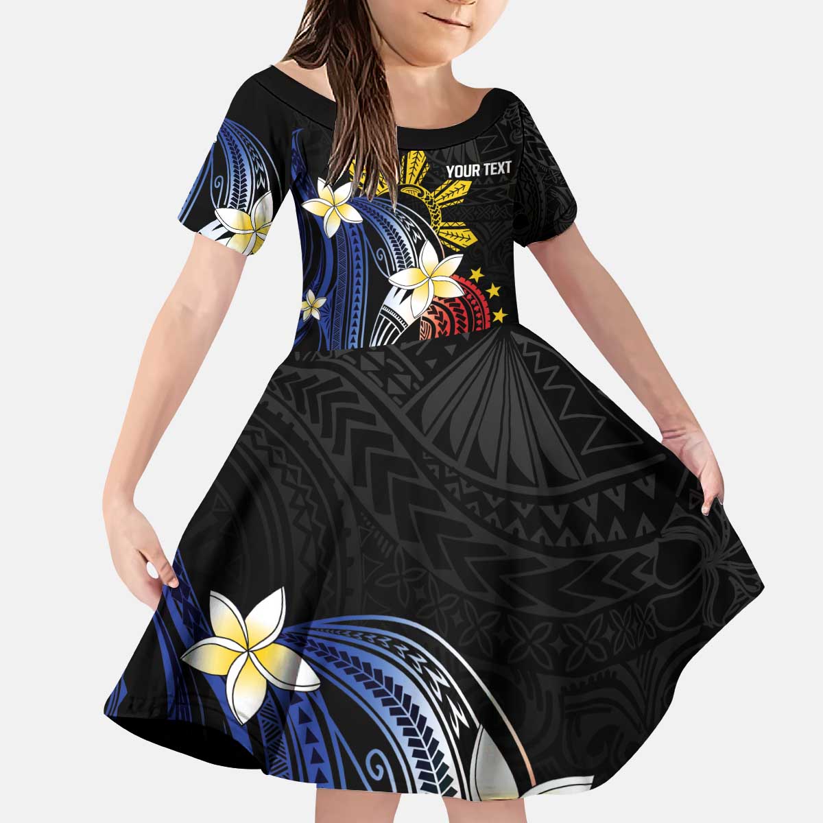 Personalized Philippines Tribal Kid Short Sleeve Dress Tropical Waves - Plumeria LT7 KID Black - Polynesian Pride