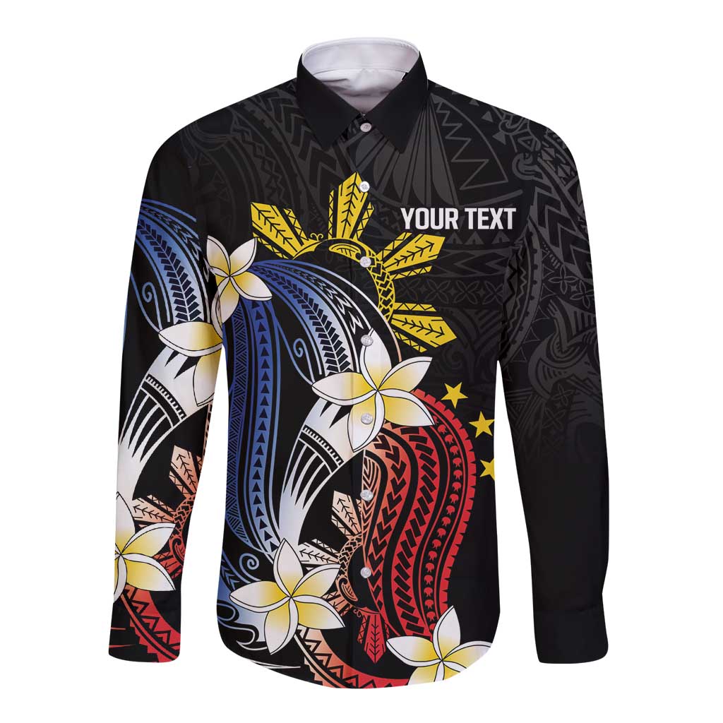 Personalized Philippines Tribal Long Sleeve Button Shirt Tropical Waves - Plumeria LT7 Unisex Black - Polynesian Pride