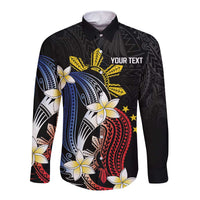 Personalized Philippines Tribal Long Sleeve Button Shirt Tropical Waves - Plumeria LT7 Unisex Black - Polynesian Pride