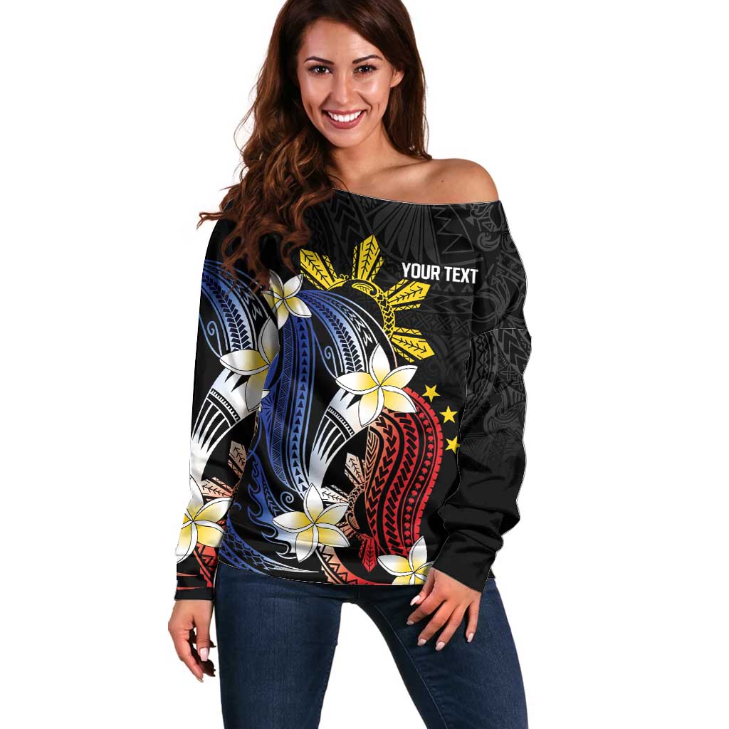 Personalized Philippines Tribal Off Shoulder Sweater Tropical Waves - Plumeria LT7 Women Black - Polynesian Pride