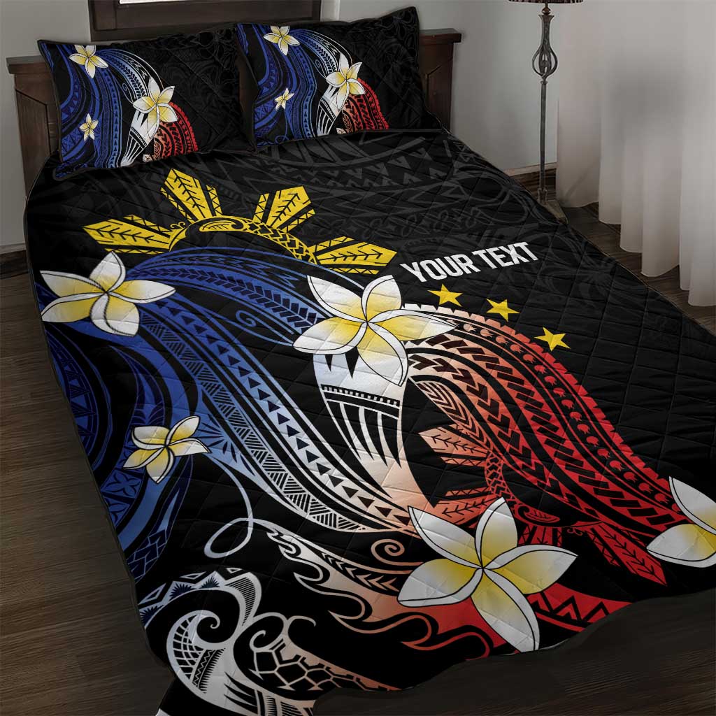 Personalized Philippines Tribal Quilt Bed Set Tropical Waves - Plumeria LT7 Black - Polynesian Pride