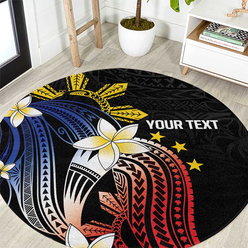Personalized Philippines Tribal Round Carpet Tropical Waves - Plumeria LT7 Black - Polynesian Pride