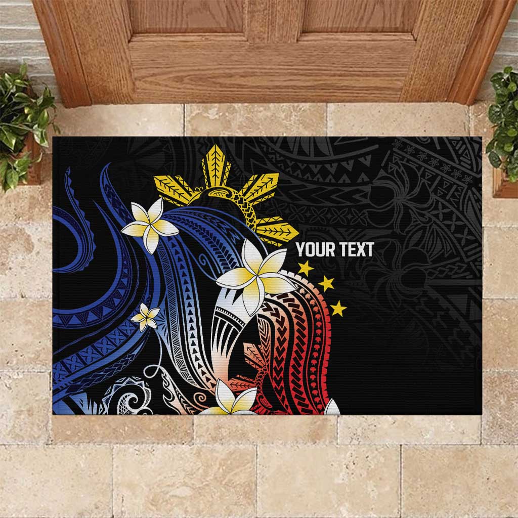 Personalized Philippines Tribal Rubber Doormat Tropical Waves - Plumeria LT7 Black - Polynesian Pride