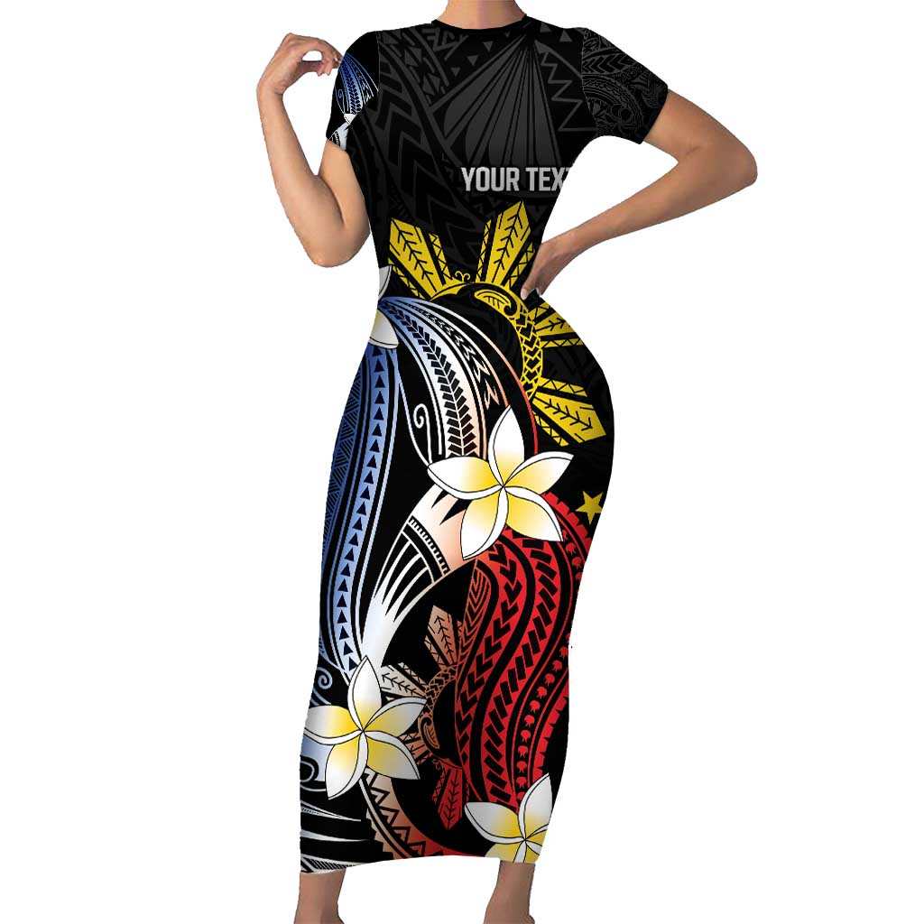 Personalized Philippines Tribal Short Sleeve Bodycon Dress Tropical Waves - Plumeria LT7 Long Dress Black - Polynesian Pride