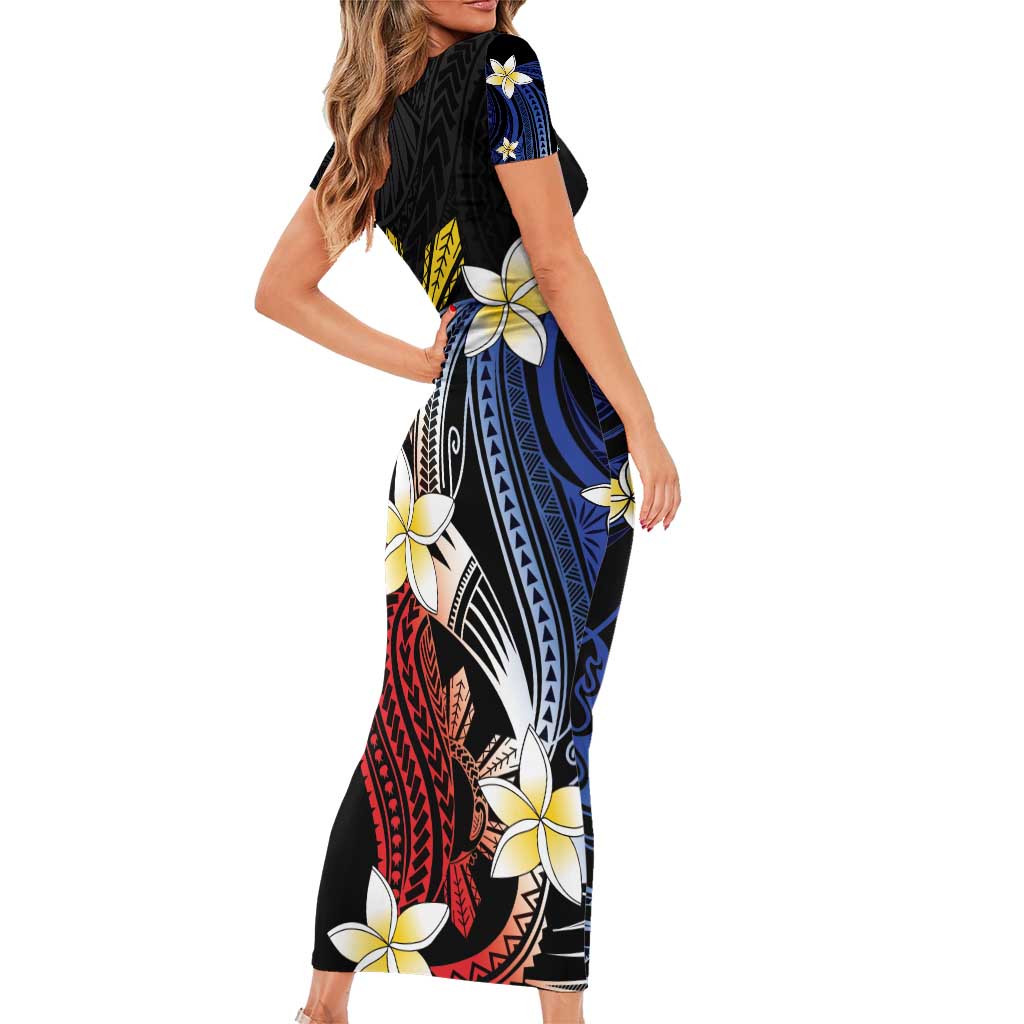 Personalized Philippines Tribal Short Sleeve Bodycon Dress Tropical Waves - Plumeria LT7 - Polynesian Pride
