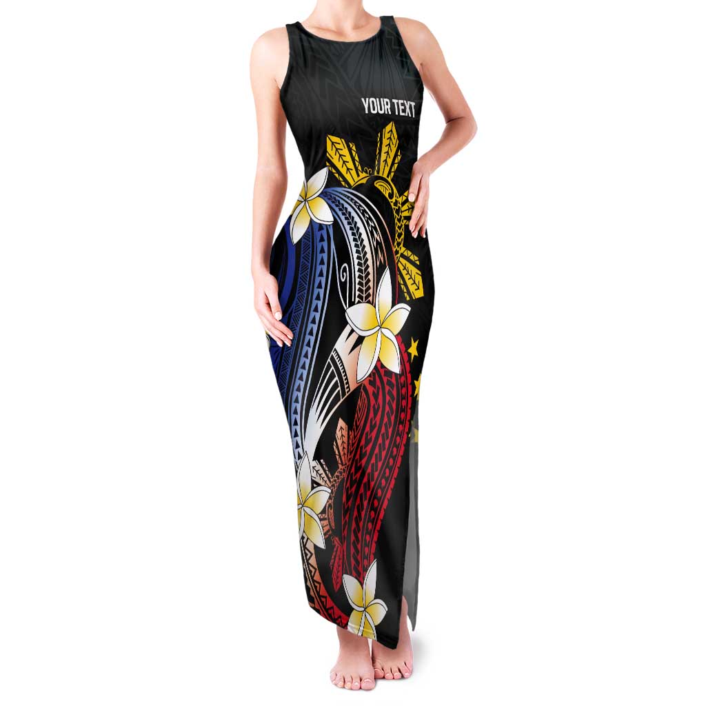 Personalized Philippines Tribal Tank Maxi Dress Tropical Waves - Plumeria LT7 Women Black - Polynesian Pride