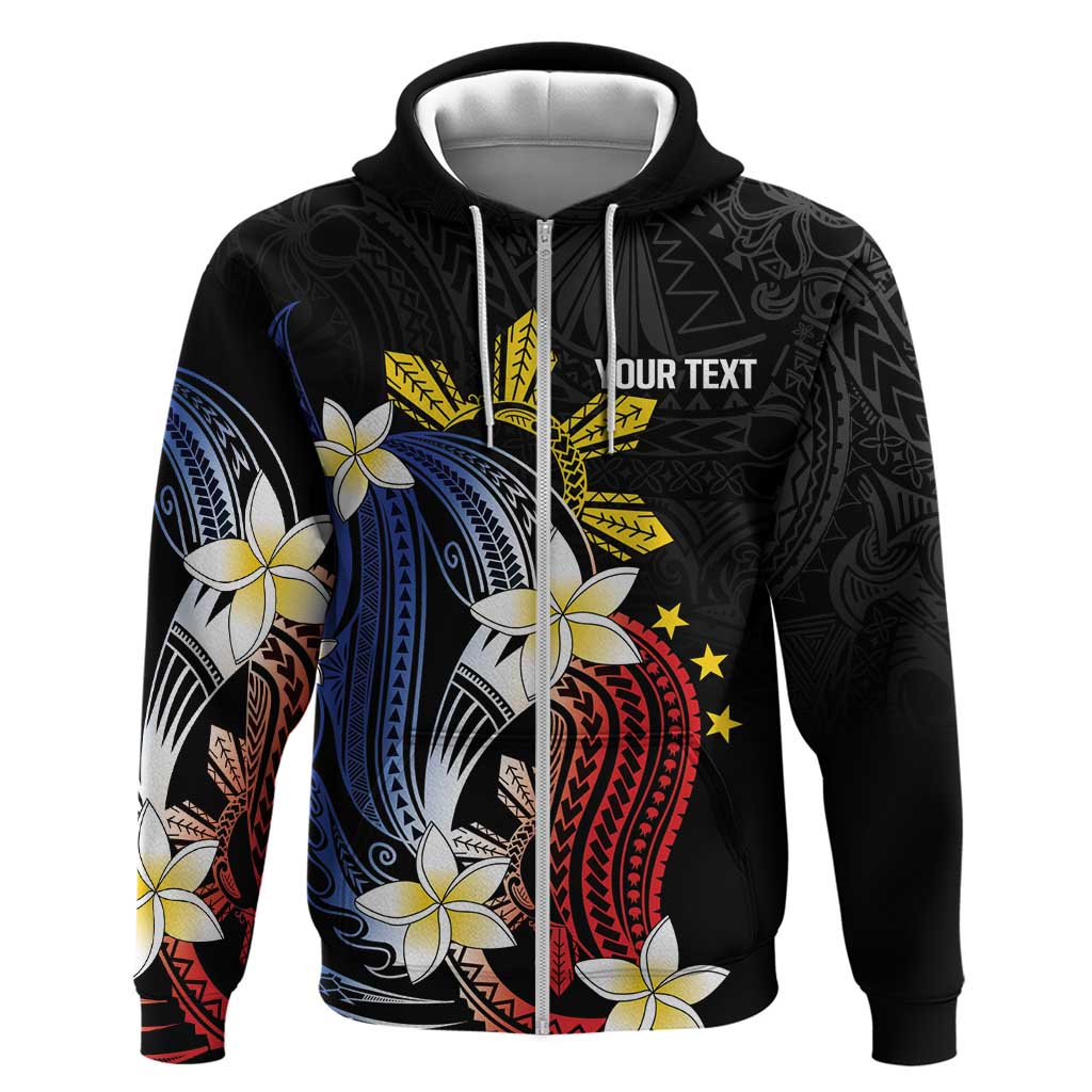Personalized Philippines Tribal Zip Hoodie Tropical Waves - Plumeria LT7 Zip Hoodie Black - Polynesian Pride