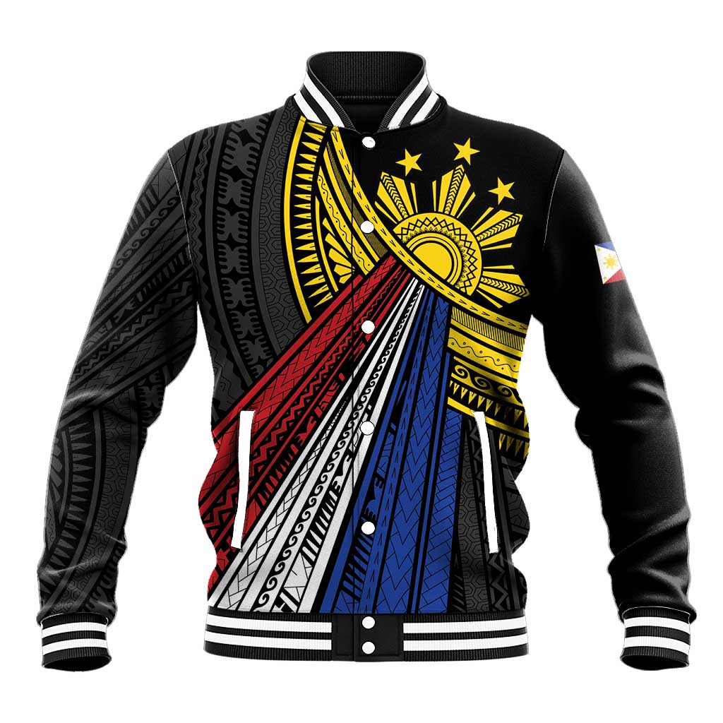 Philippines Sun Baseball Jacket Pasifika Tribal Style LT7 Unisex Black - Polynesian Pride