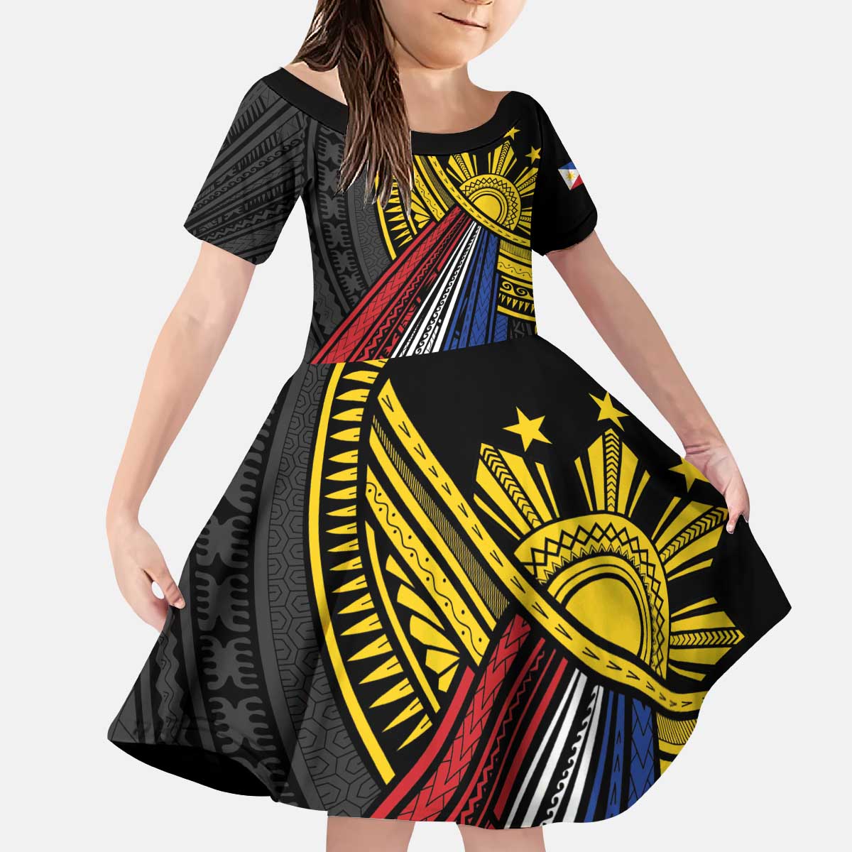 Philippines Sun Kid Short Sleeve Dress Pasifika Tribal Style LT7 KID Black - Polynesian Pride