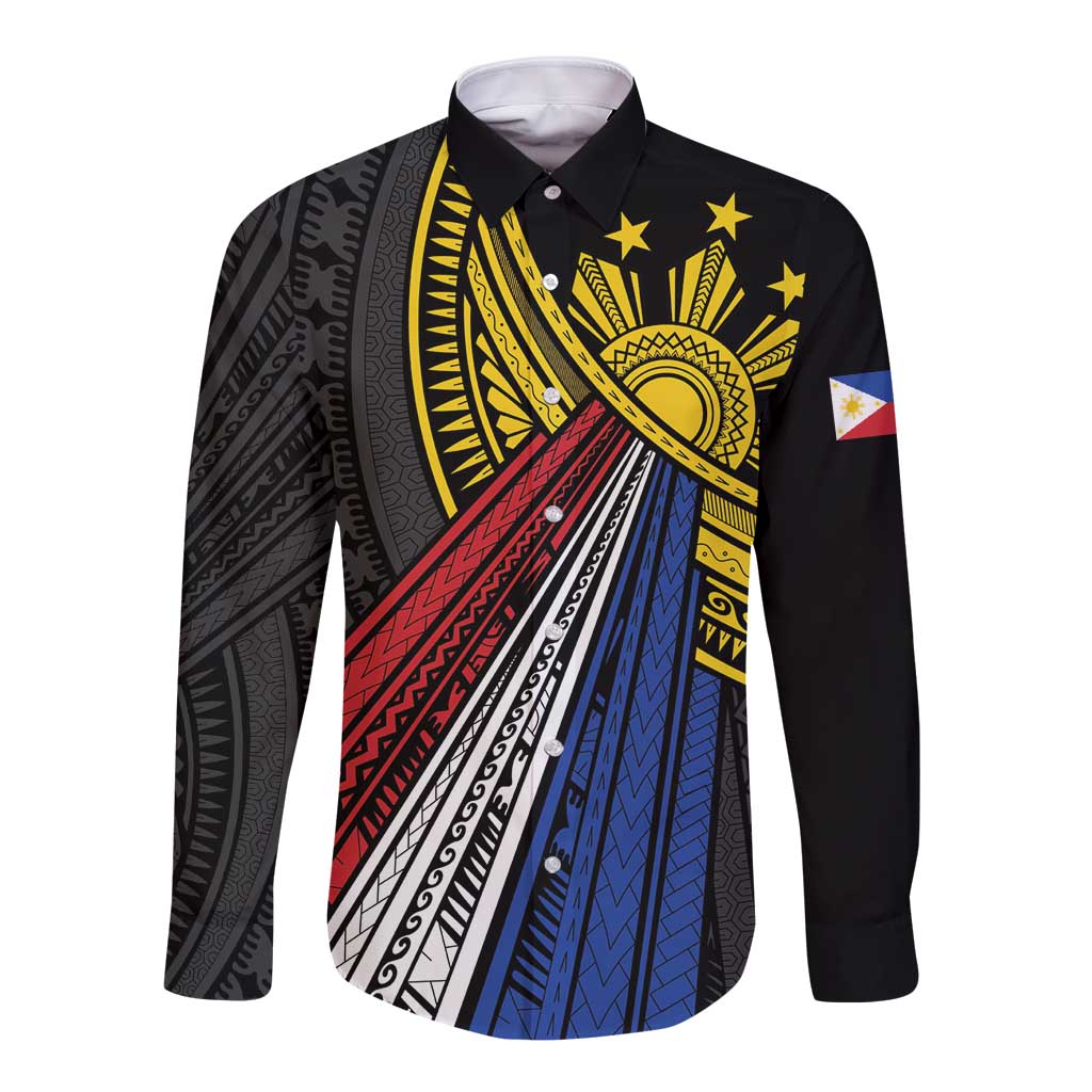 Philippines Sun Long Sleeve Button Shirt Pasifika Tribal Style LT7 Unisex Black - Polynesian Pride