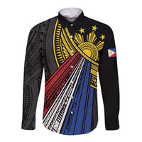 Philippines Sun Long Sleeve Button Shirt Pasifika Tribal Style LT7 Unisex Black - Polynesian Pride