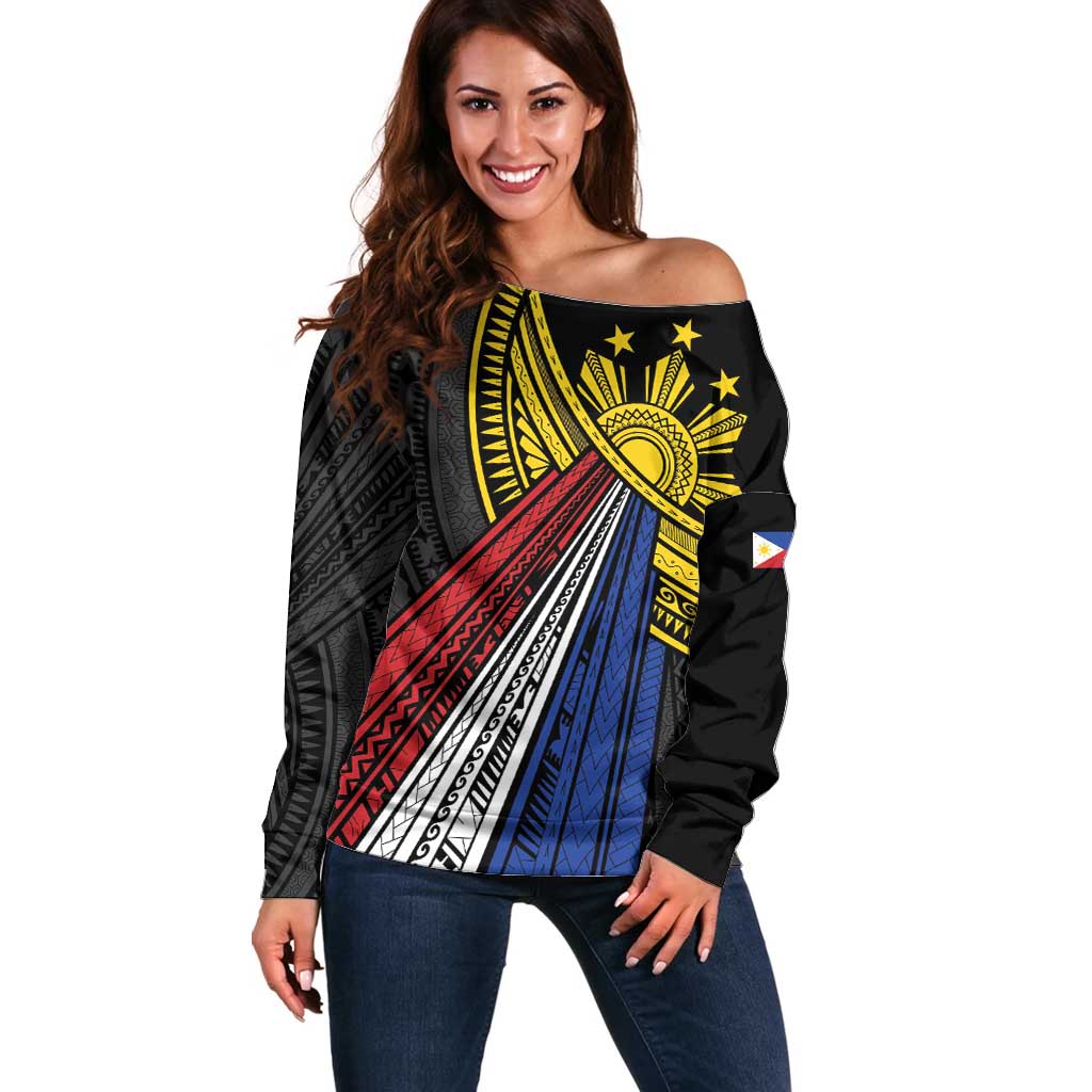 Philippines Sun Off Shoulder Sweater Pasifika Tribal Style LT7 Women Black - Polynesian Pride